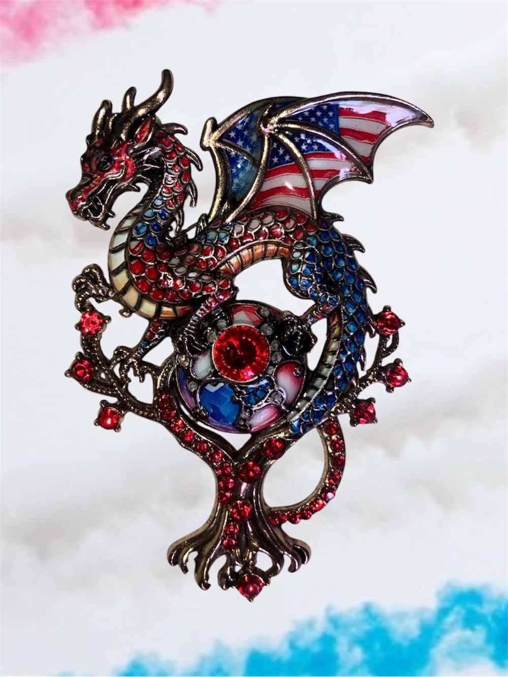 New Patriotic Red White Blue Dragon Enamel Brooch American Flag Wings Statement